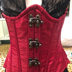 Medium red Top Drawer corset with brass accents